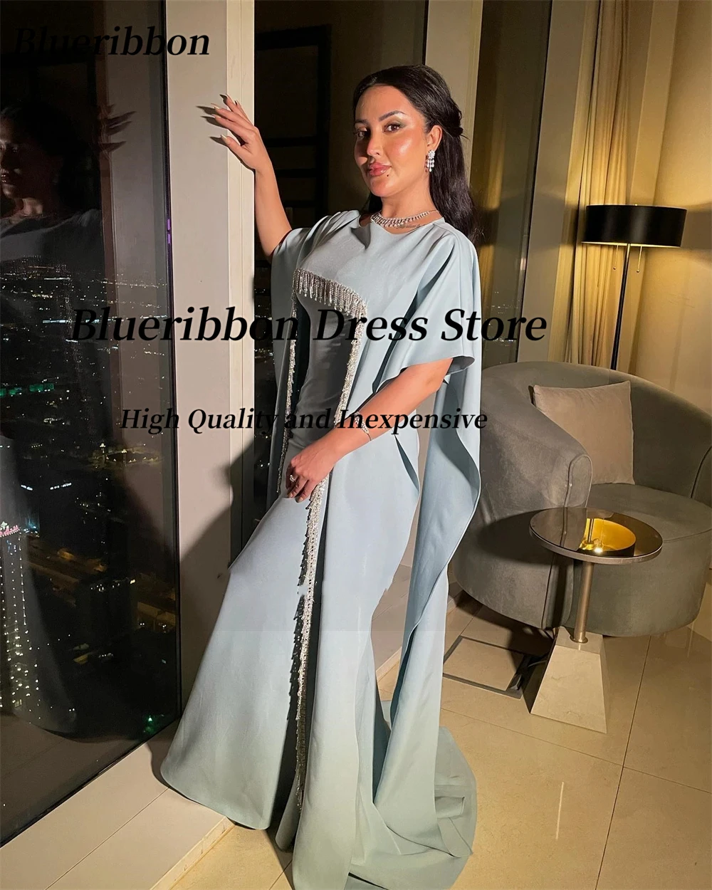 Blueribbon Saudi Arabia Evening Party Dresses Customized Tassels Beading Shawls Prom Dress Zipper Back Special Occasion Gowns