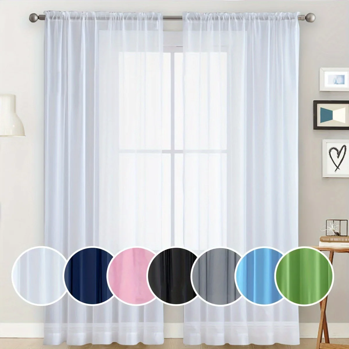 1Set Solid Color Double String Screen Curtain Semi Blackout Thin Window Screen For Living Dining Room Bedroom Decorate