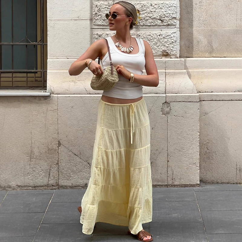 Tornova التنانير الصفراء غير رسمية للنساء عالية الخصر موضة فضفاضة كعكة تنورة مع خط فتاة ساخنة نادي حفلة تنورة طويلة 2026 جديد