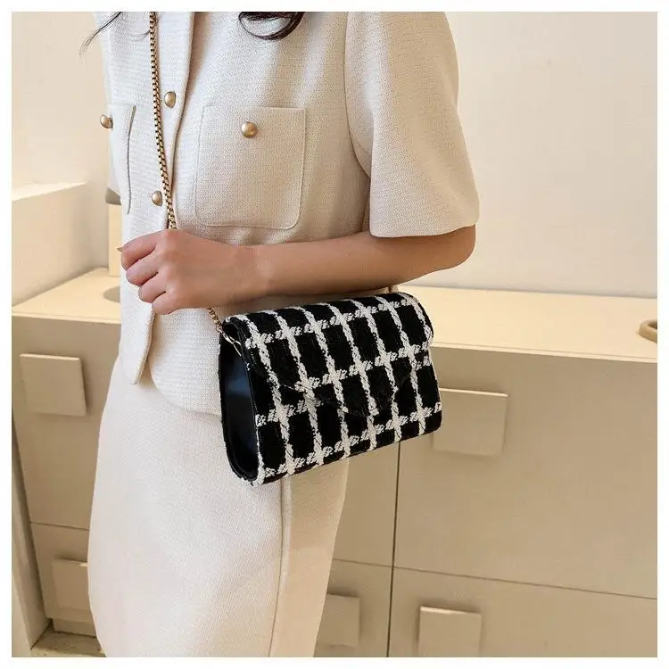 Fashion Plaid Print Tweed Crossbody Bag for Women Casual Versatile Female Shopping Chain Shoulder Pack Large Capacity Handle Bag