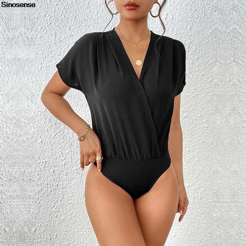 Women Short Sleeve Elegant Bodysuit Wrap V Neck Ruched Slim Bodysuits Daily Wear Date Work Office Night Club Party Leotards Tops