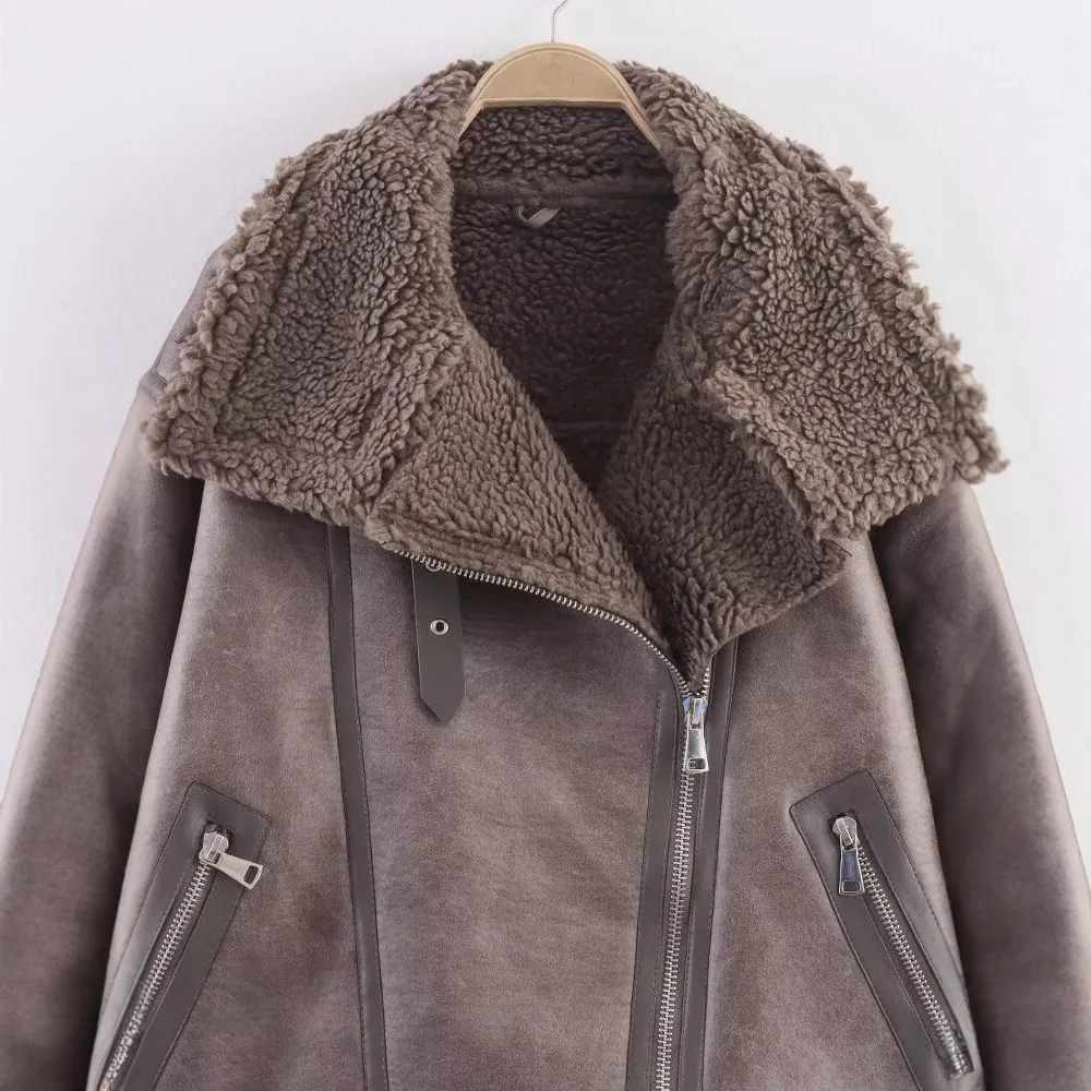 سترة نسائية عصرية من الجلد والفراء على الوجهين معطف شتوي بياقة واقفة وتصميم متكامل على الطراز الأوروبي الأنيق #2