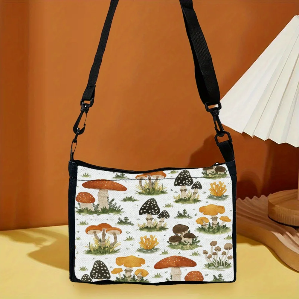 

Chic Mushroom and Letter Printed One-shoulder Bag with Adjustable Shoulder Straps, Outdoor Leisure Travel Cross-shoulder Bag