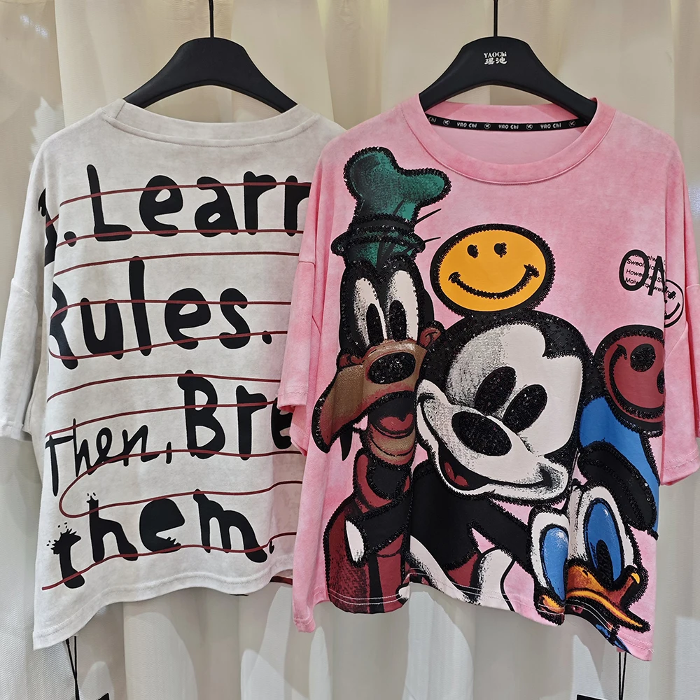 

Корейская свободная футболка больших размеров с принтом Микки Мауса, омолаживающая образ, с круглым вырезом, универсальный повседневный топ