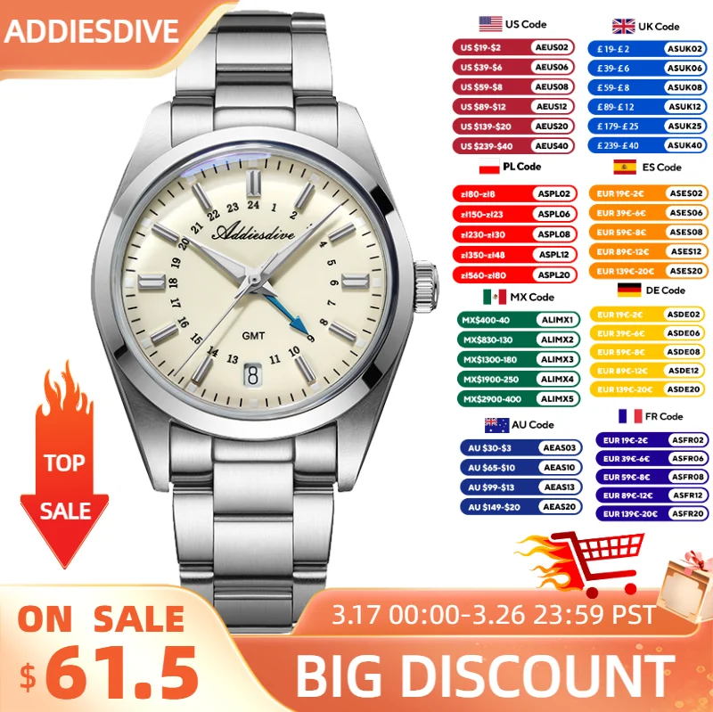 Addiesdive casal relógio para mulher 36mm moda relógios de quartzo para homem à prova dwaterproof água 100m bgw9 aço luminoso data gmt relógio de pulso