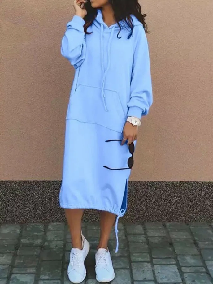 

Женская удлиненная толстовка с капюшоном больших размеров: комфортная повседневная уличная одежда, весенняя мода, базовый однотонный пуловер с круглым вырезом