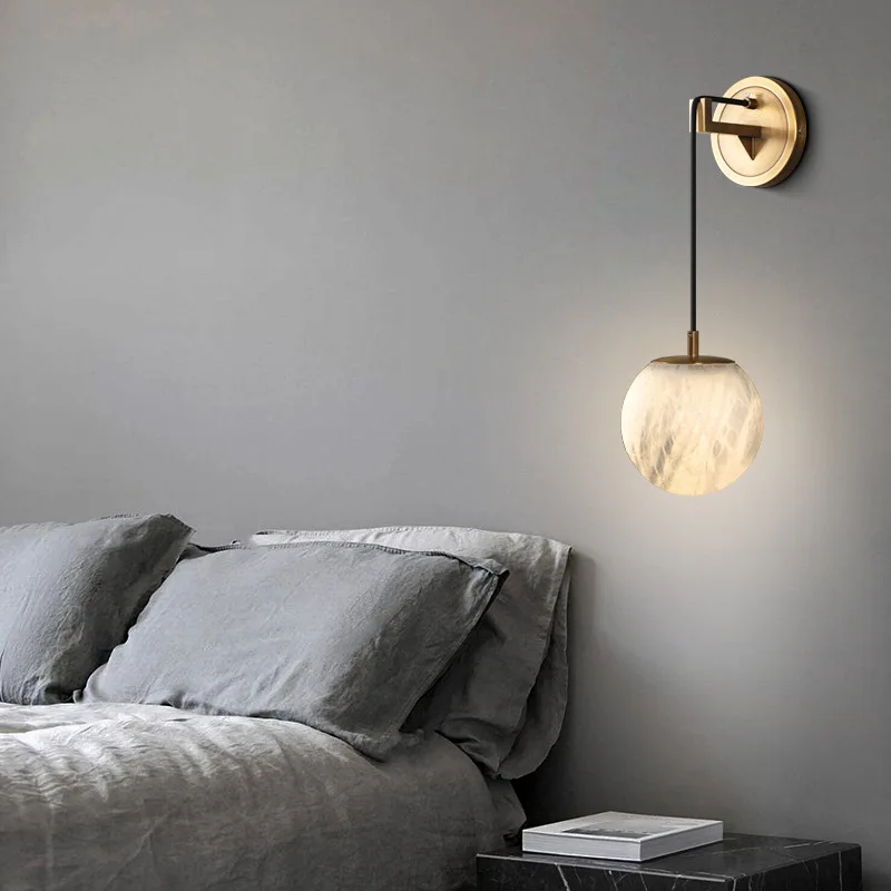 

Modern Natural Marble Wall Lamp Corridor Stairwell Bedroom Headboard All Copper Wall Light Fixture Interior Lighting Decoration