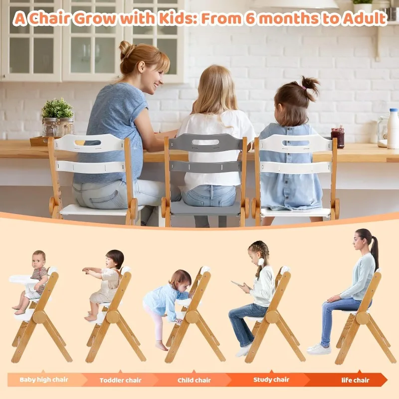 Ezebaby Wooden High Chair Grow with Your Child, Foldable Baby High Chair with Adjustable Seat and Footrest Heights, High Chair