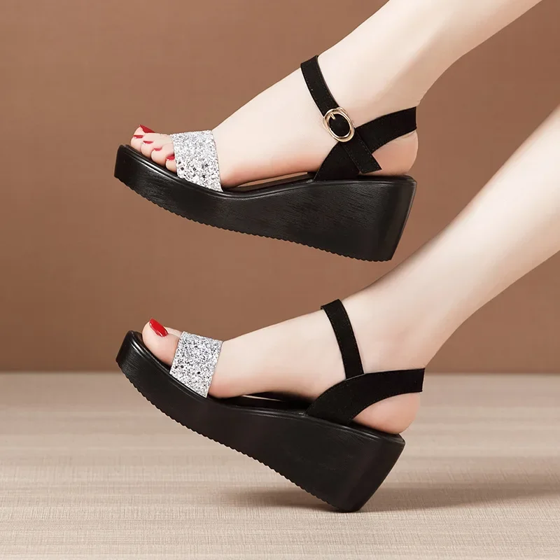 Small Big Size 32-43 Bling Silver Black High Heels Wedges Shoes Women Summer 2024 Thick Sole Platform Sandals Beach