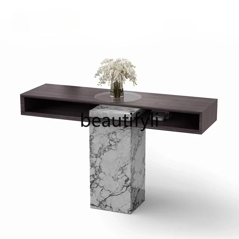 QQ Italian light luxury natural luxury stone + wood veneer aisle against the wall marble entrance table