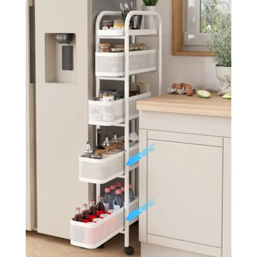 

Slim Storage Cart with Pull Out Basket Bathroom Organizer Rolling cart, Rolling Utility Cart Slide Out Organizer for Kitchen, B