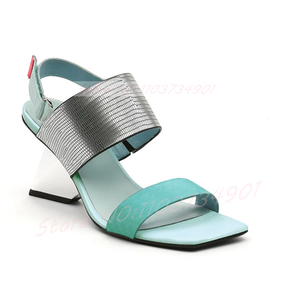 Open Toe Color-Blocking Chunky Heel Sandals Women Hook and Loop Ankle Strap Strange Style Heels Shoes Summer Square Toe Sandals