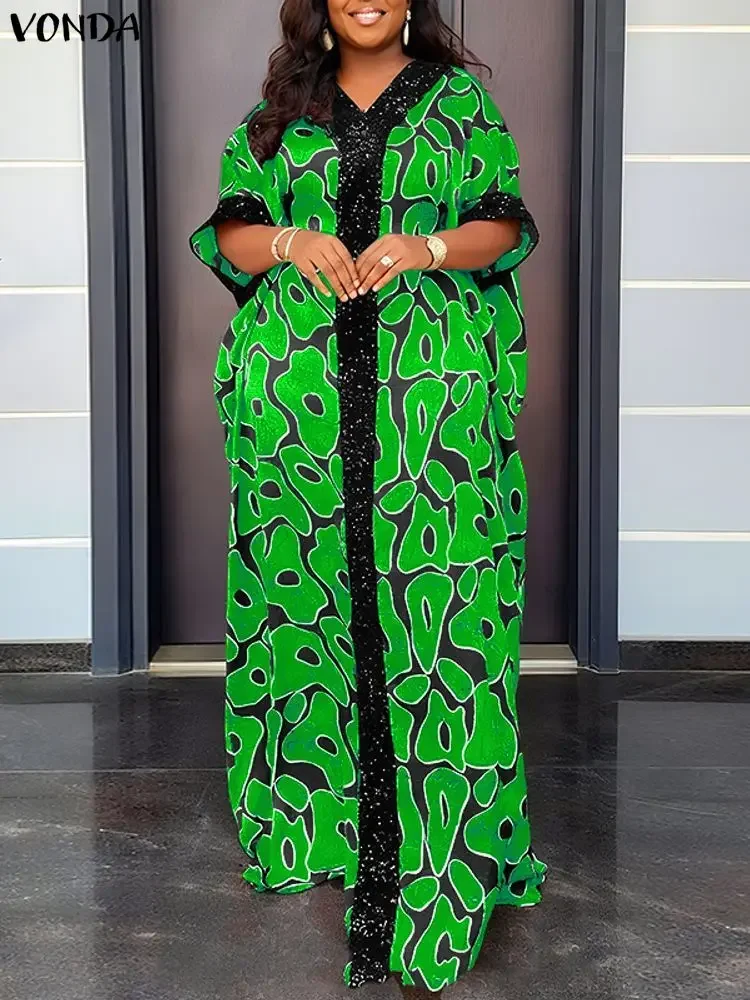 

Plus Size VONDA Autumn Bohemian Maxi Dresses Women V-Neck Sequin Splicing Long Sundress Vintage Print Casual Fashion Robe 5XL