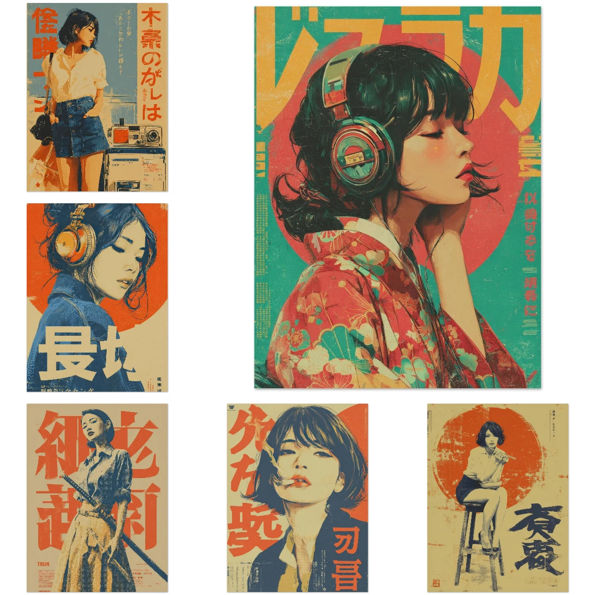 Vintage Japanese Summer Girl Poster – Retro Cyberpunk Anime Wall Art Prints Unframed Vintage Japan Poster for Living Room Decor