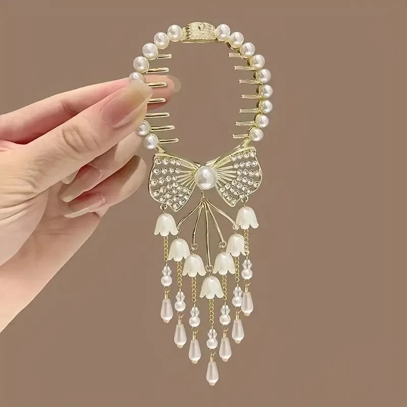 Inlaid Rhinestone Bow Hair Clip Lily Of The Valley Flower Tassel Imitation Pearl Ball Head Hairpin Elegant Exquisite Alloy Hair