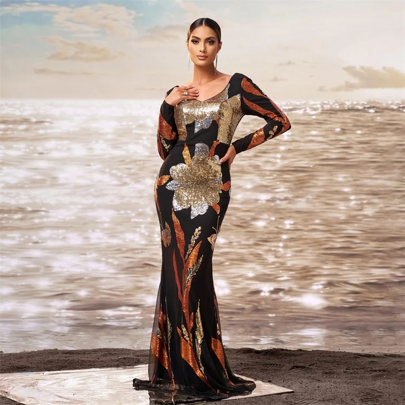 

Sequins Flower Printing Women Prom Dress Deep-V Neck Backless Evening Skirt Golden New Fashion 2025 Mermaid Party Gown In Stock