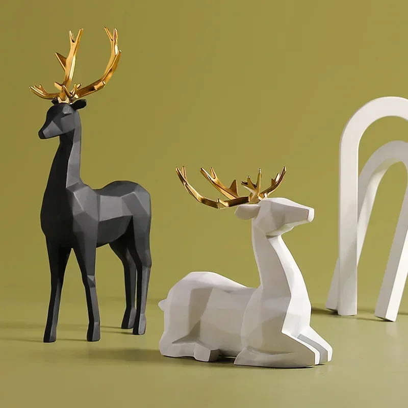 Nordic Reindeer Figurines Elk Deer Statue Geometric Resin Sculpture Living Room Home Decoration Desktop Deer Ornaments