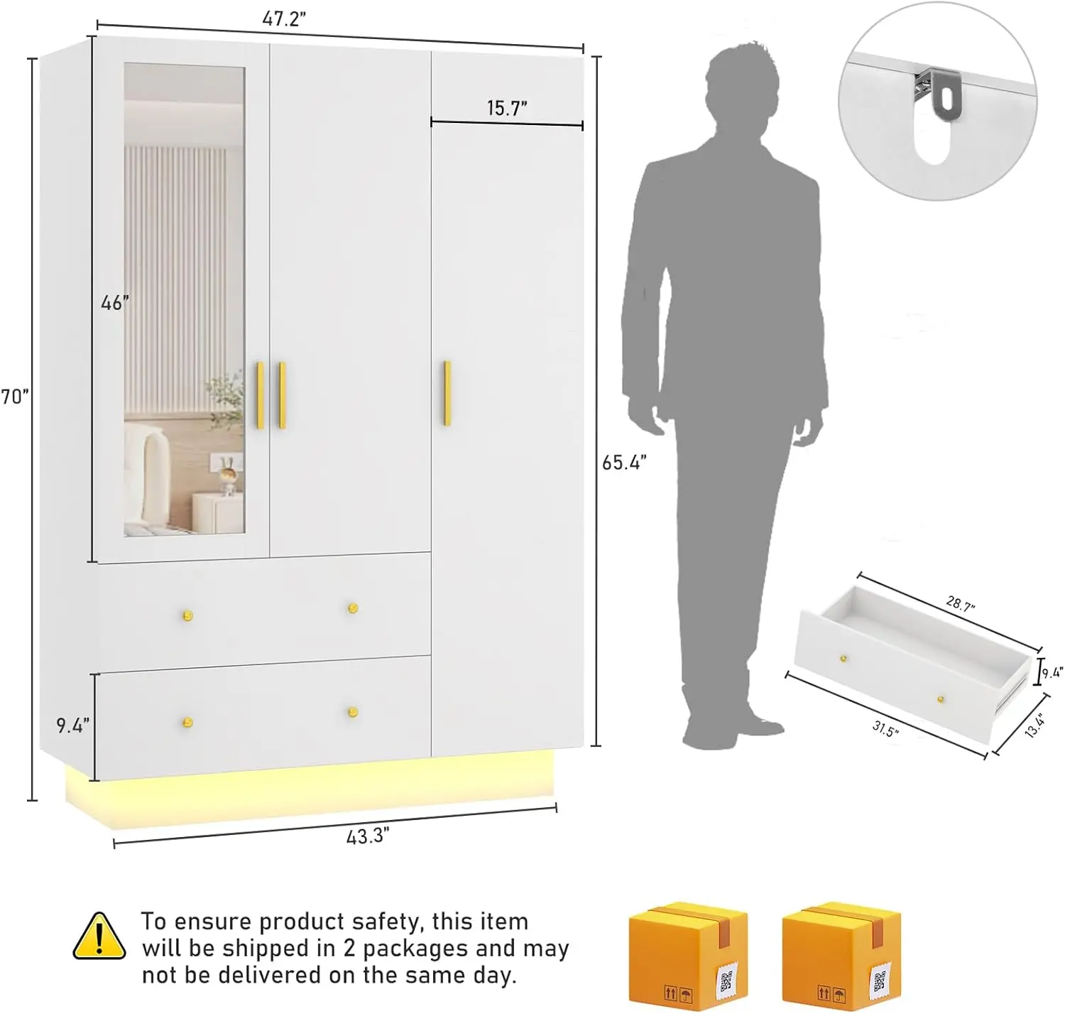 3 Doors Armoire Wardrobe Closet with Mirror, LED Armoire with Doors and Drawers, Wooden Armoire Storage Cabinet with Hanging Rod