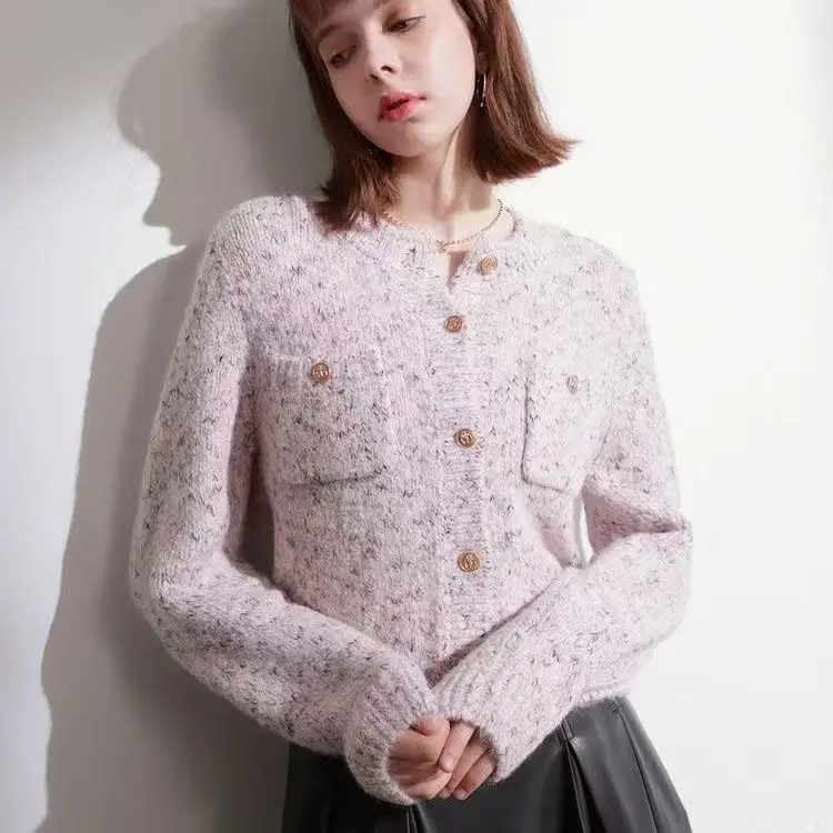 

Винтажный элегантный милый кардиган, свитера, женская французская вязаная куртка с длинным рукавом, осенние женские однобортные топы в стиле ретро с круглым вырезом