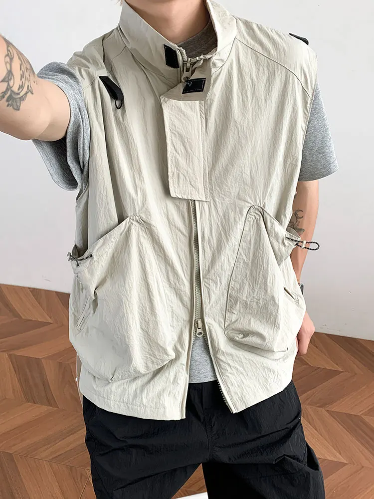 

Japanese Functional Sle Workwear Vest Men Summer Trendy High Street Big ket Haome Stand Collar Svel oulder Coat