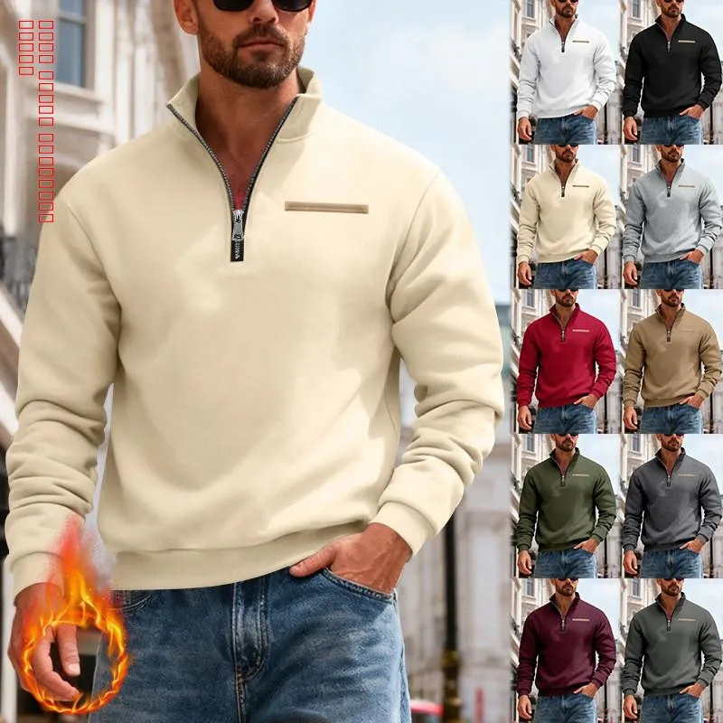 

Warm Fce Lined Loose Fit Outdoor Men's Sweatirt Stand Collar Color Blo Sports Crew Ne Pullover Winter Heavyweight