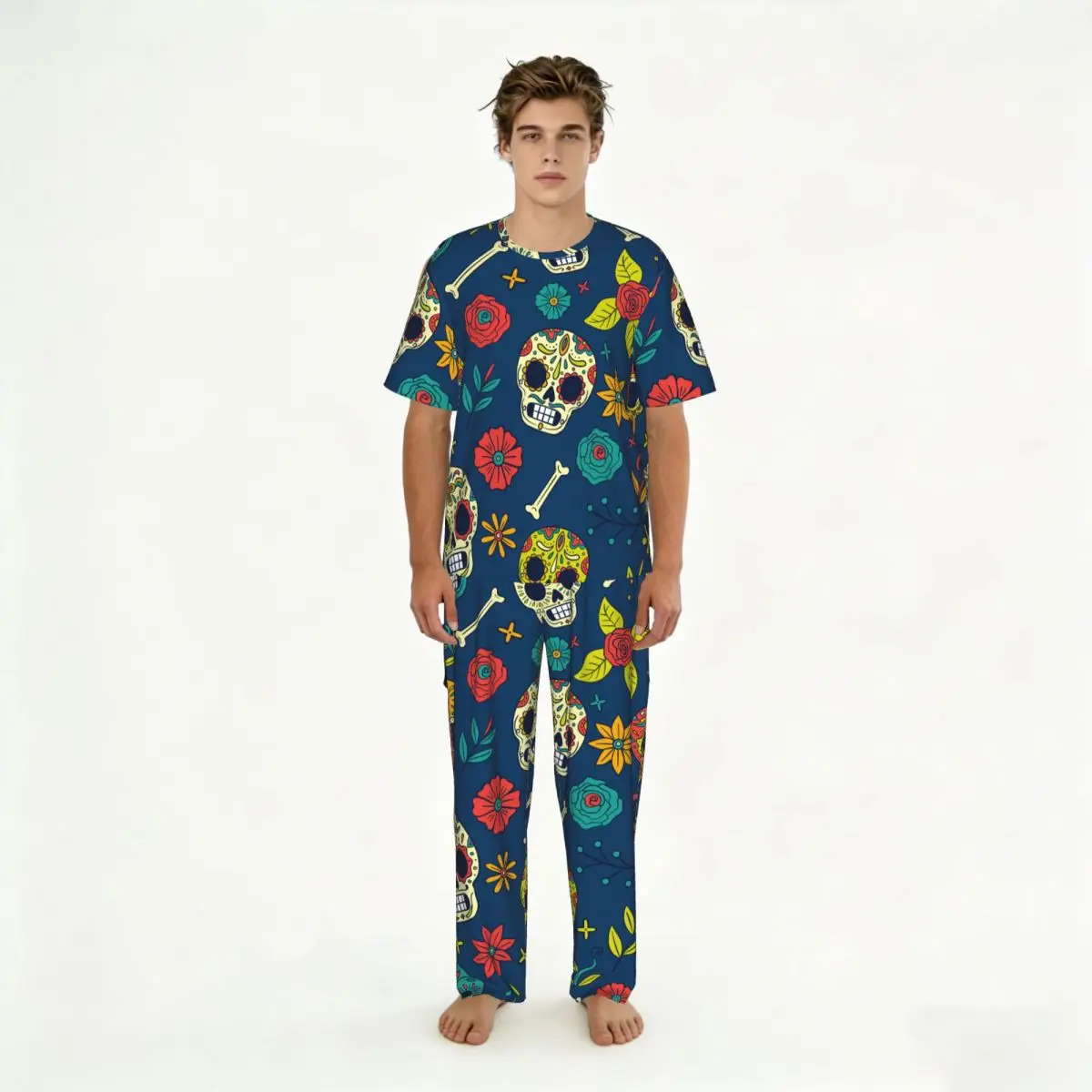 

Men's Casual Pajamas Sets Short Sleeve and Pants Sets Male Sleepwear Day Of The Dead Skull And Flowers Home Clothes