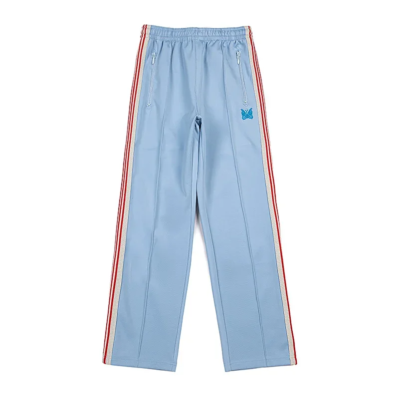 Harajuku Men Clothing High Quality Butterfly Embroidery Sky Blue Brown Sweatpants Ribbon Striped Pants Jogger Drawstri