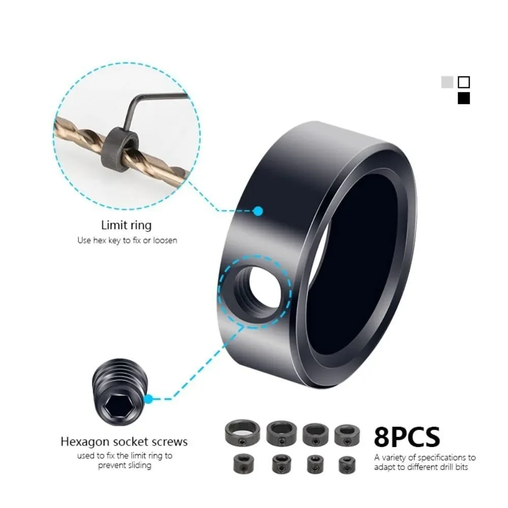 8/3pcs Localizzatore di trapano per la lavorazione del legno 3-16mm Profondità dell'albero Collari Anello Posizionatore Trapano per punta da trapano per legno Chiave esagonale Bit Strumento