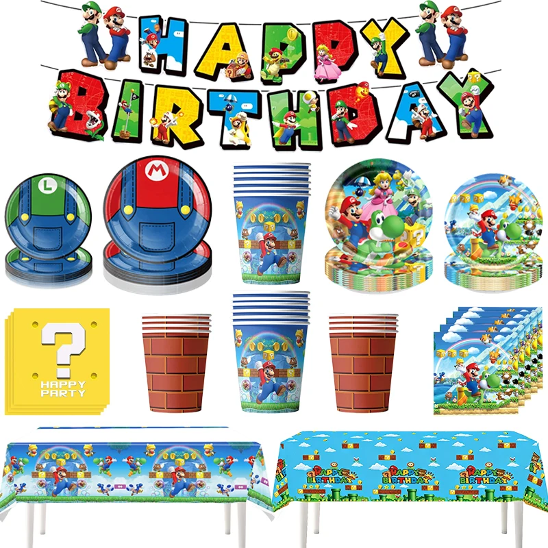 Vaisselle jetable Anime Mario Luigi pour la décoration de fête d'anniversaire, vaisselle Super Mario Bros, nappe, ballons, fournitures de fête