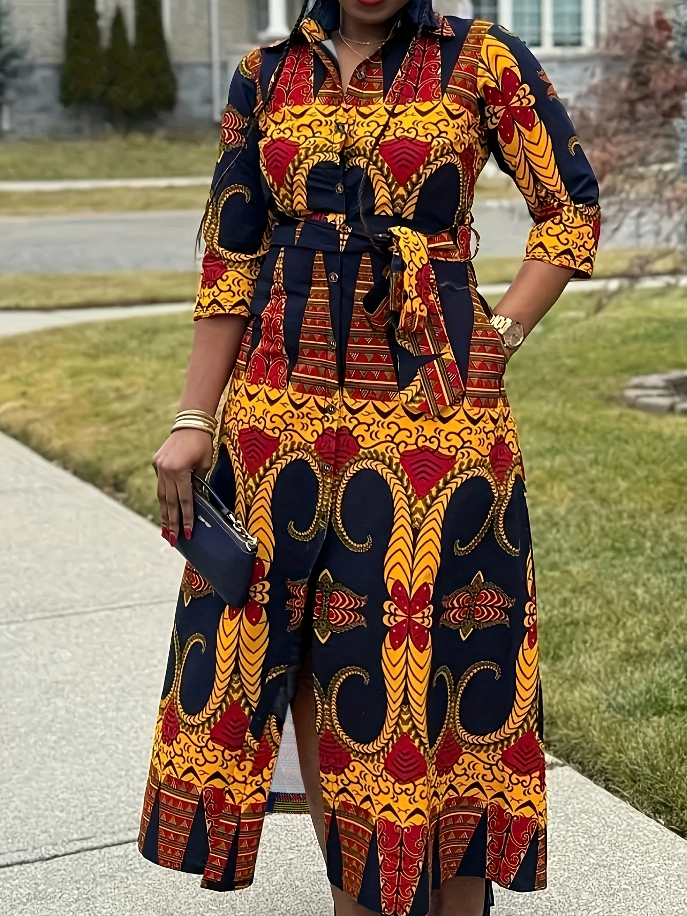 Contrast Trim Mixed Print Shirtwaist Dress - Belted Casual Elegance for Everyday Styling