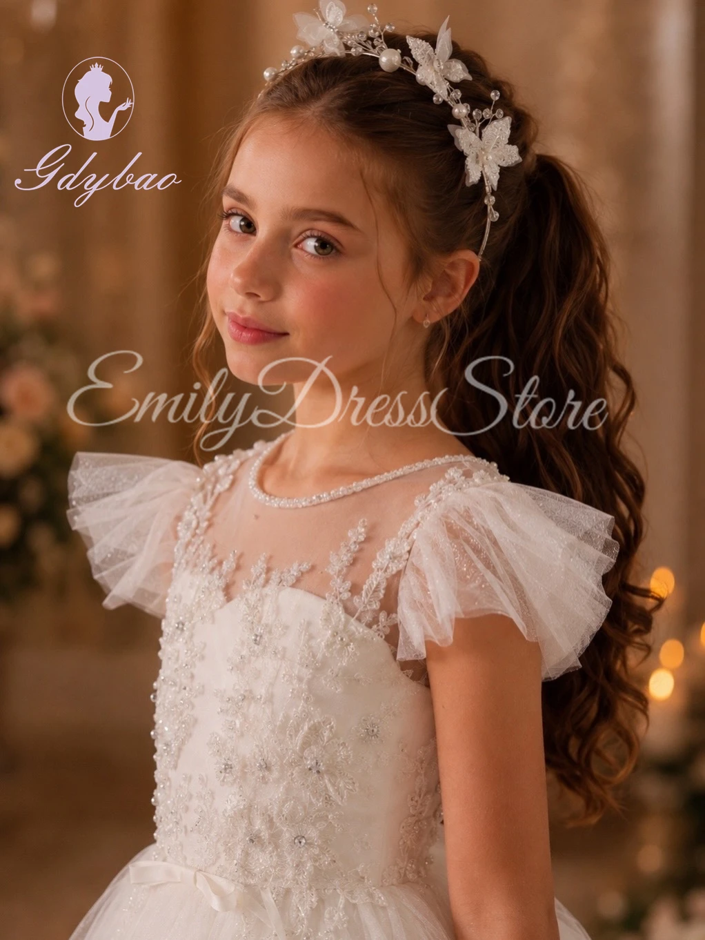 Ivory Flower Girl Dress for Wedding With Bow 3d Applique Lace Tulle Kids Elegant Birthday Party Custom First Communion Ball Gown