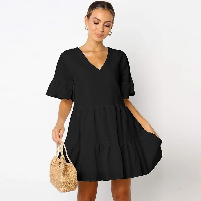 

Summer Women V-Neck Butterfly Sleeve Pleated Dresses 2023 New Sweet Solid Colors Short Sleeve Dresses Ruffles Casual Mini Dress
