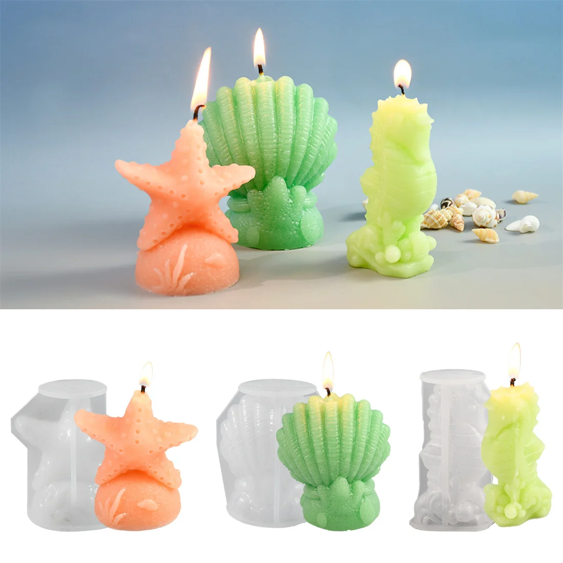 3D Starfish Shell Seahorse Mold DIY Handmade Soap Scented Candle Ornaments Crafts Silicone Mould Gypsum Drop Glue Desktop Decor