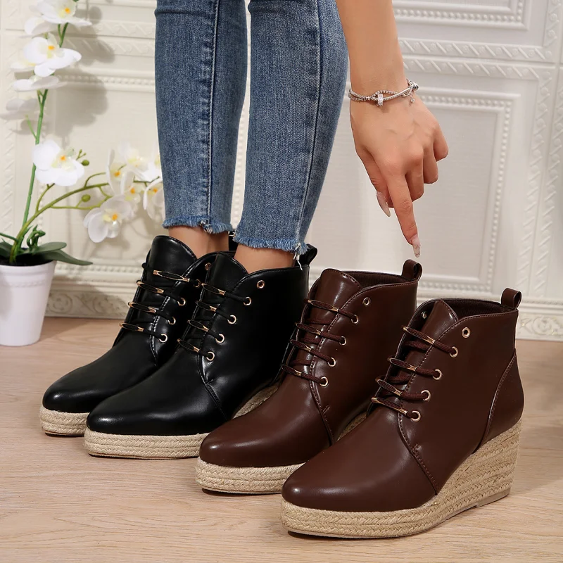 Women Thick Soles Pointed Wedge Boots Female Autumn Fashion Punk Goth Platform Heels Wedge Women Boots Casual Goth Punk Size 42