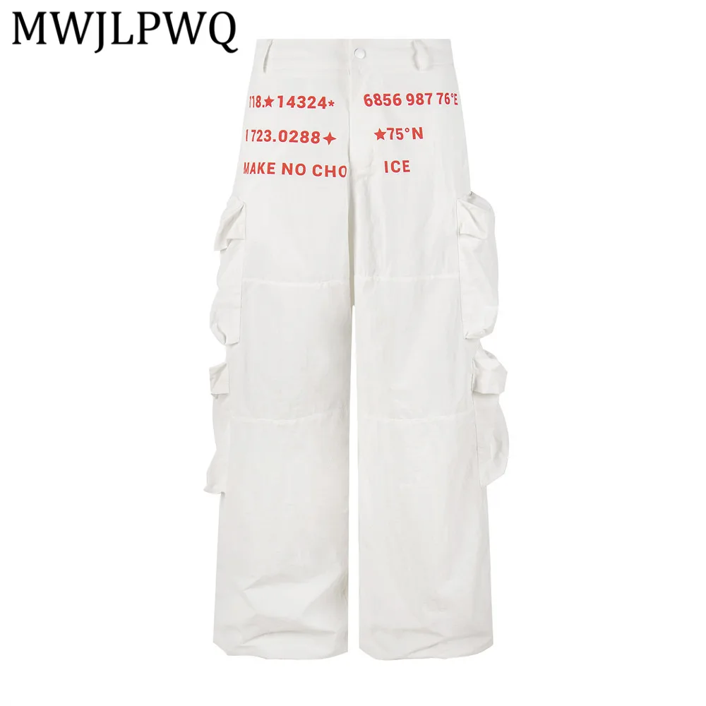 MWJLPWQ Multi-Pocket Straight Cargo Trousers For Men Vibe High Street Niche Design Letter Print Functional Wide-Leg Pants 16704