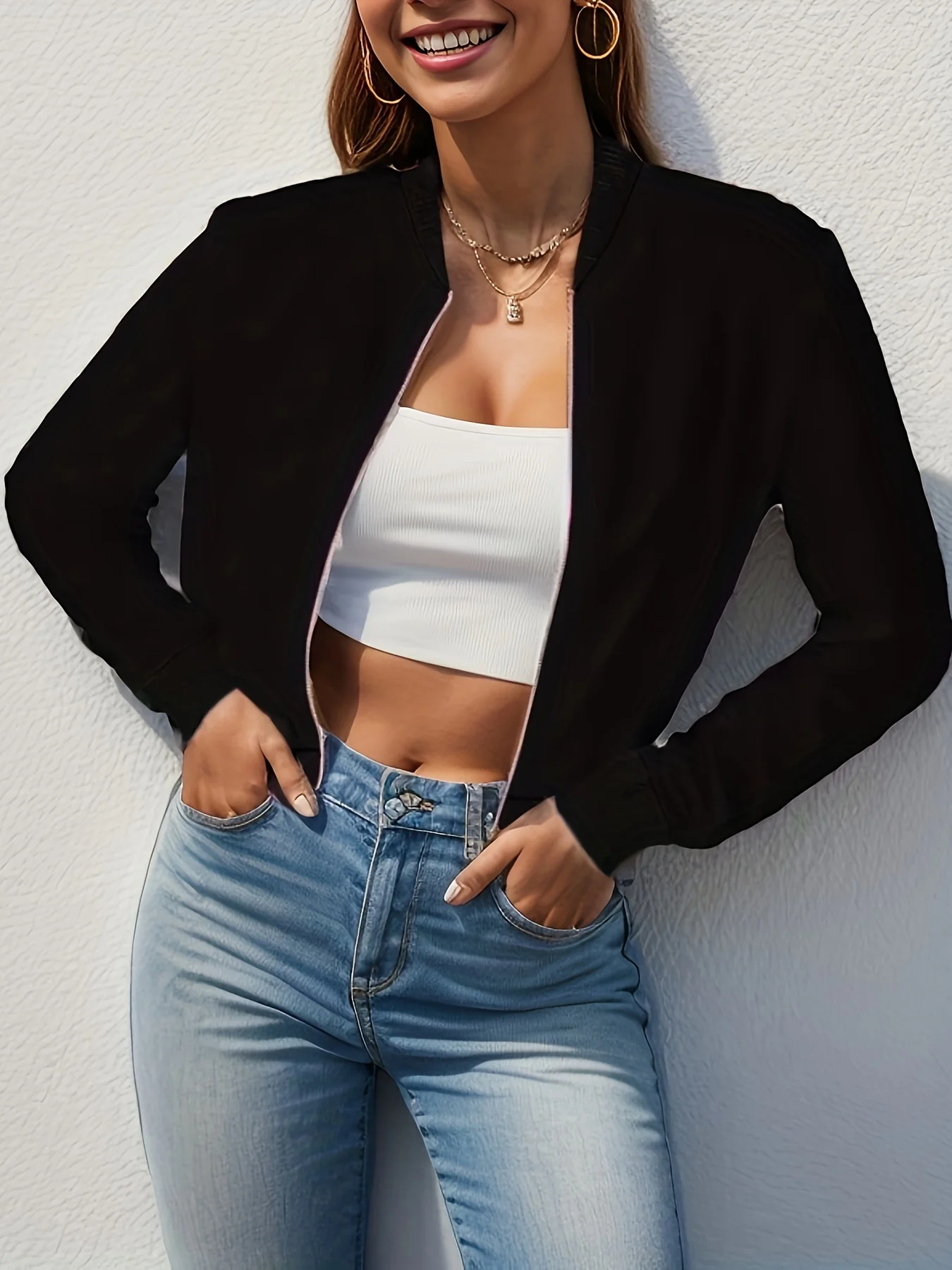 

Однотонная куртка на молнии, элегантная куртка с бейсбольным воротником и длинными рукавами на весну и осень, женская одежда