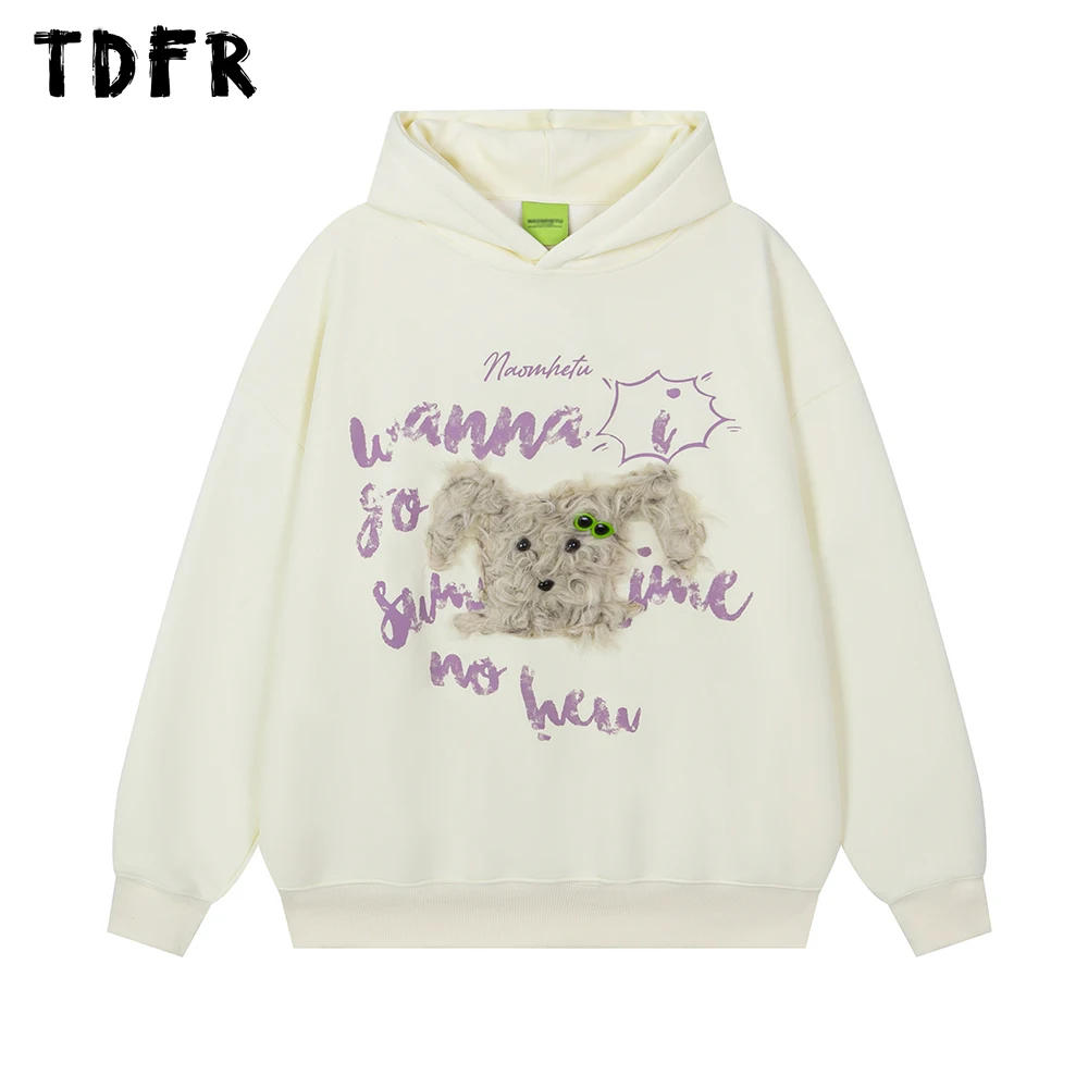 Puppy Letter Print Hooded Sweatshirts Mens Retro Casual Autumn Winter Fleece Loose Long Sleeve Hoodies Men