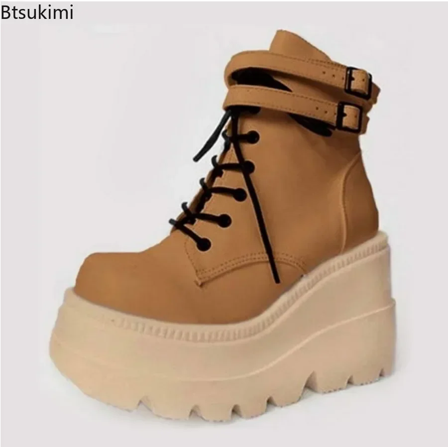 2024 Women\'s Motorcycle Boots Buckle Ankel Boots Women Winter Punk Platform Boots Wedges High Heels PU Leather Shoes Botas Mujer