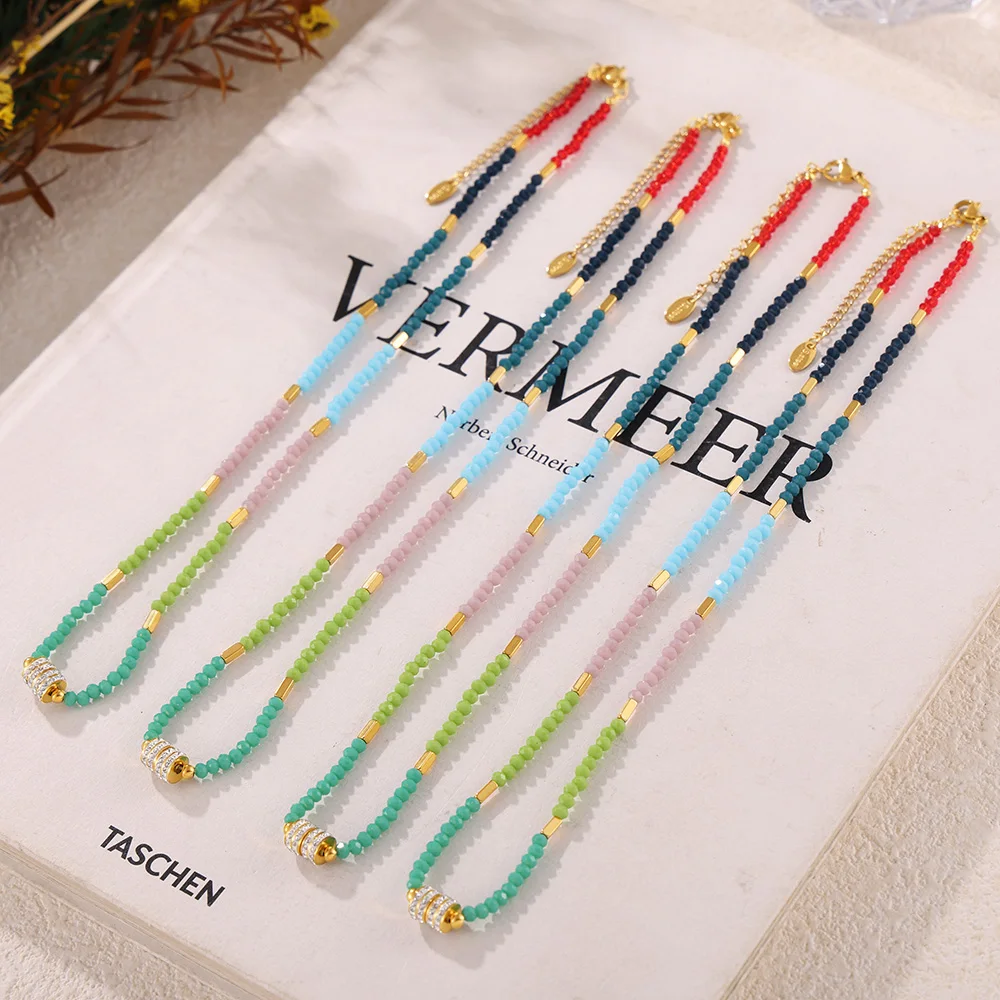 Colorful Natural Stone Beaded Necklace Women\'s 316 Stainless Steel Luxury Rhinestone Pendant Necklace Bohemian Jewelry Gift