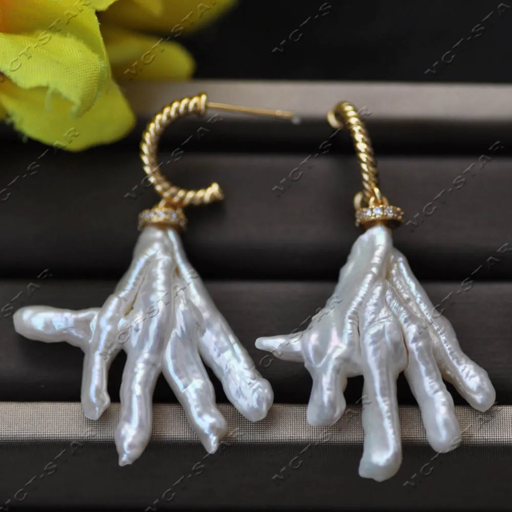 Z13716 Natural 36mm White Baroque Hand Freshwater Pearl Dangle Earring CZ Custom Jewelry