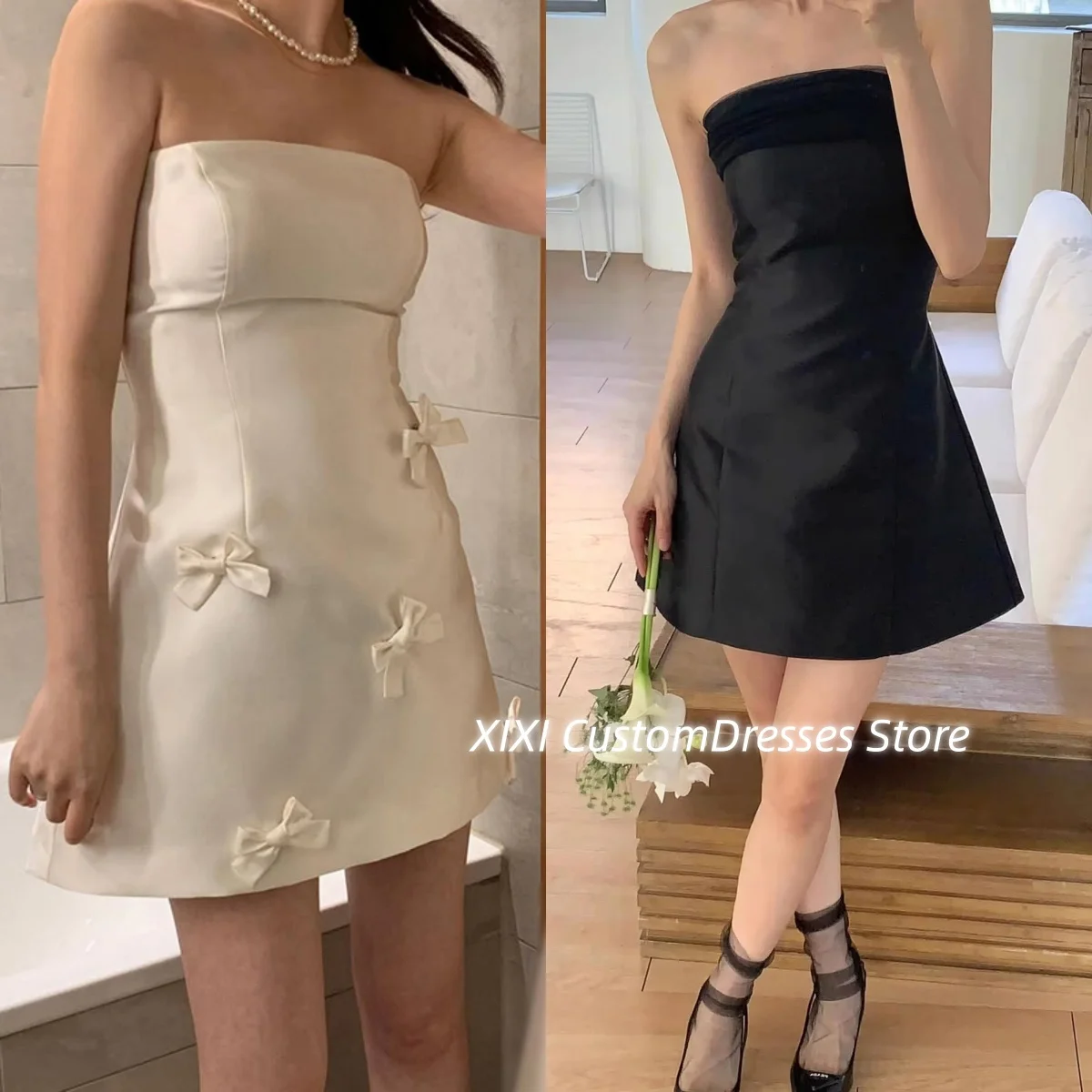 

Coustomize Column Scoop Neckline Luxury Evening Dresses Mini Prom Dresses Zipper Up Bow Sleeveless Wedding Party Dress