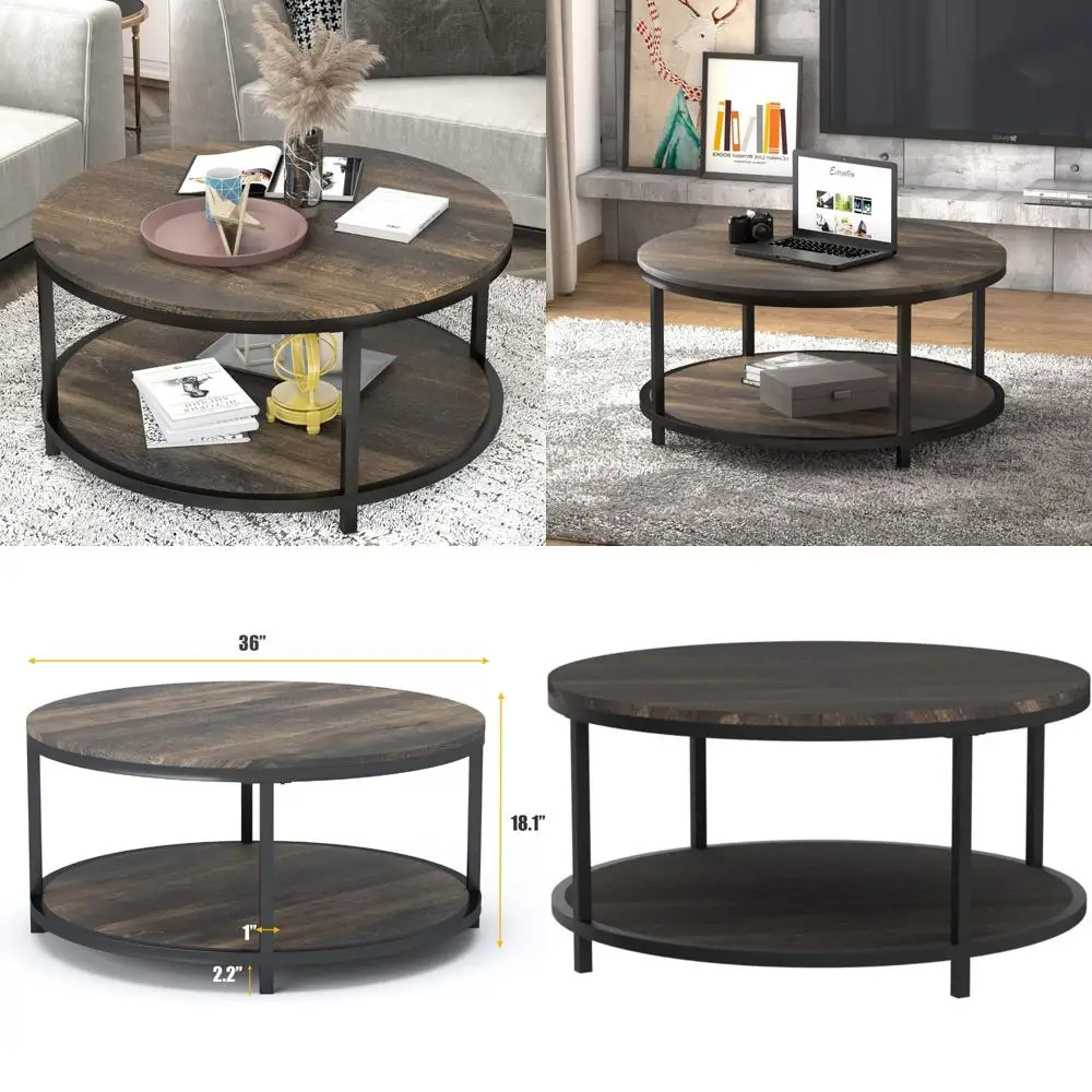 Industrial Style Round Coffee Table - 36 Inches, Rustic Wooden Top with Metal Legs, Perfect for Living Room and Modern Sofa Area