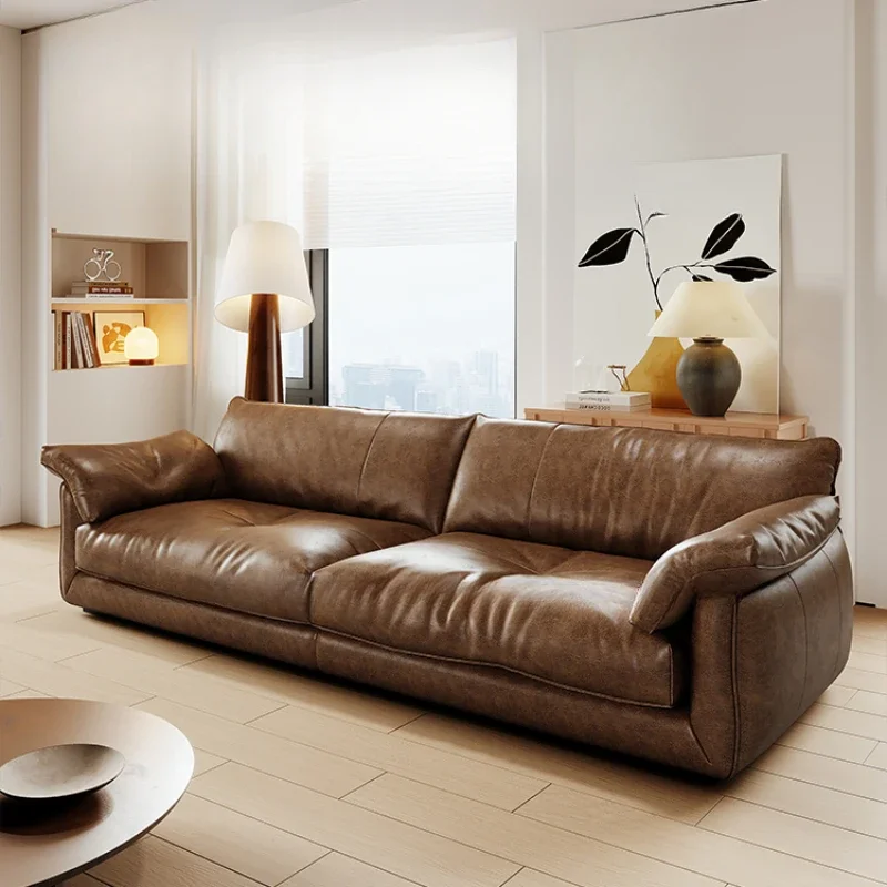 

Oil wax leather sofa, living room small apartment first layer cowhide, retro style short feet straight row leather art