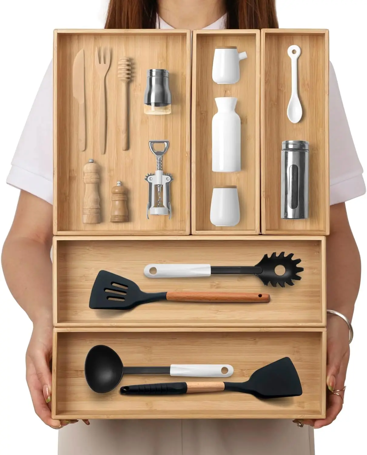 

5-Piece Bamboo Drawer Organizer Set, Stackable Kitchen Utensil Tray for Home Organization
