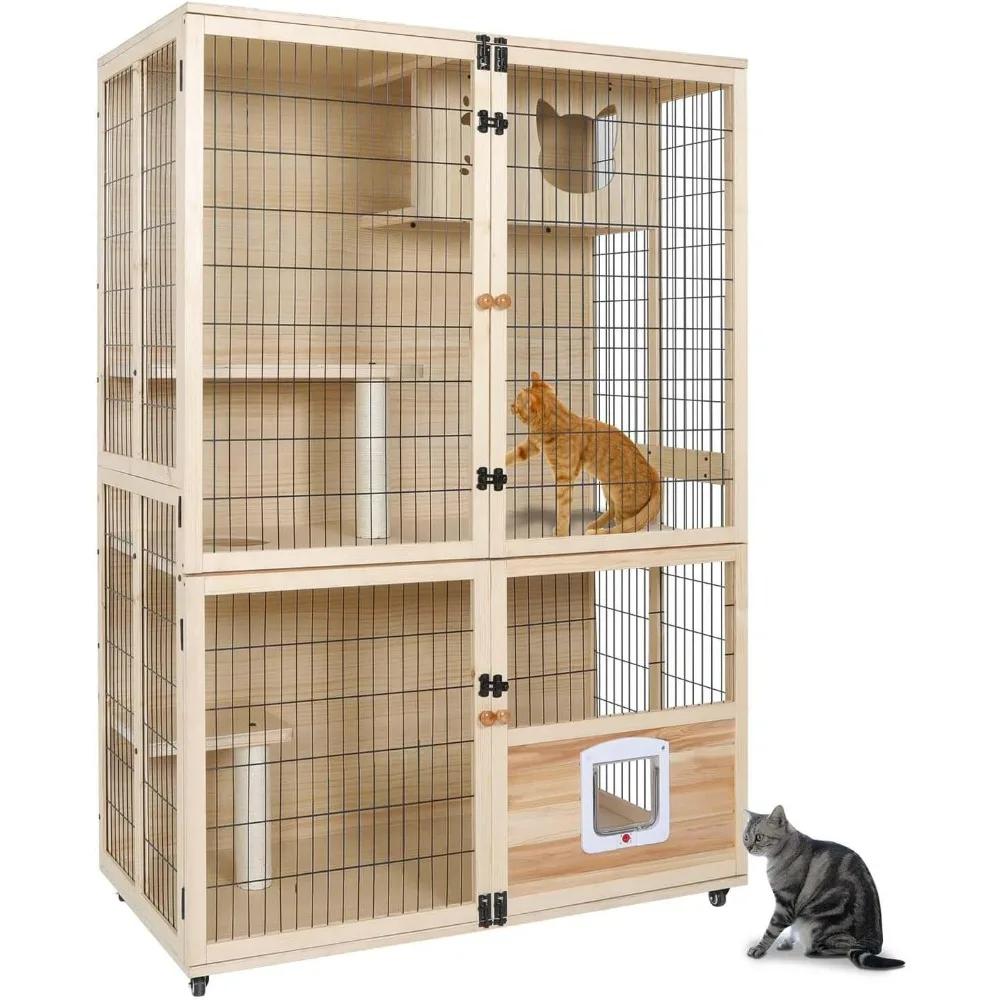 Wooden Cat House Large Space Cat Cage with Scratching Post and Lockable Wheels Double Layer Cat House with Escape Door