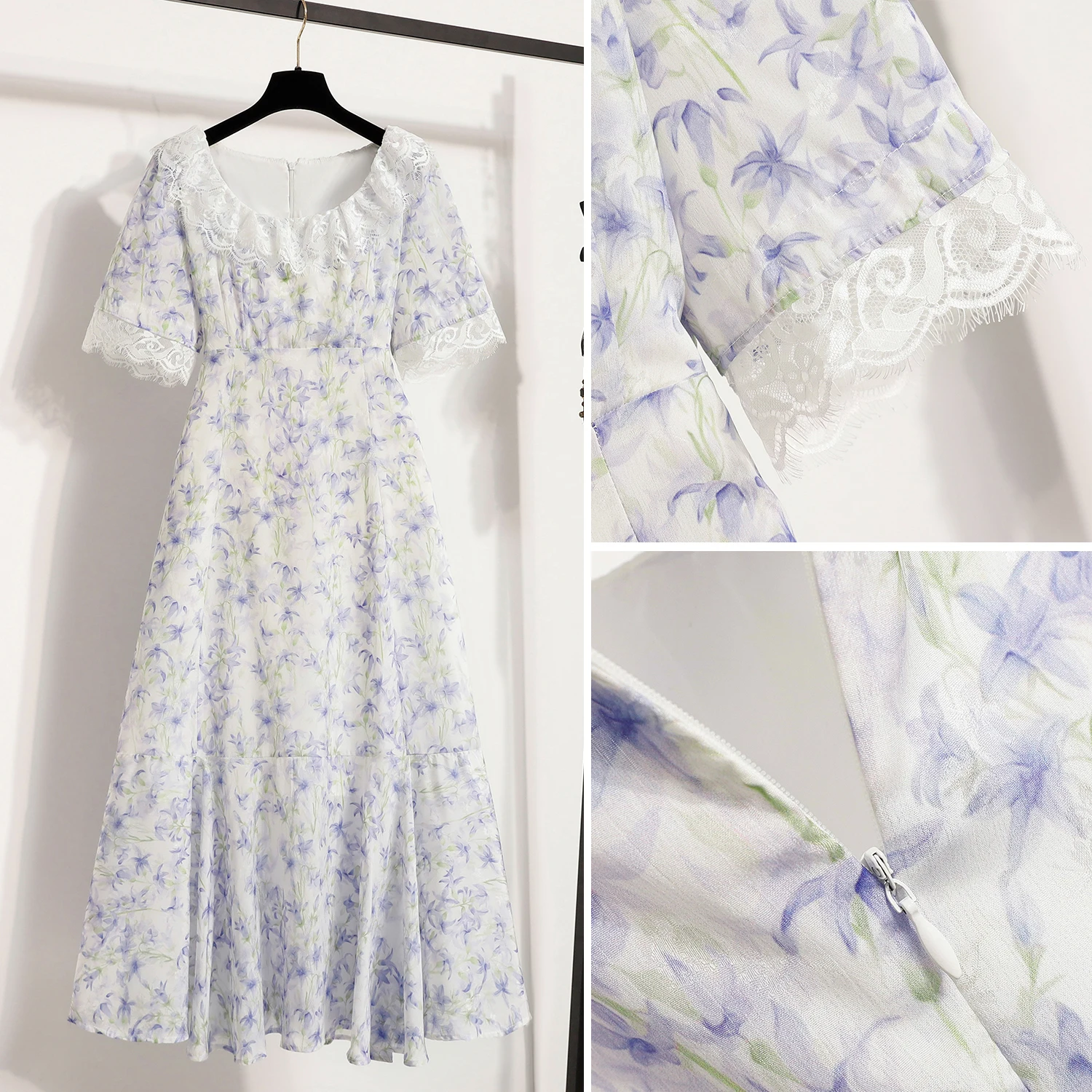 Letnia Elegancka Sukienka Damska Szyfonowa w Kwiaty Temperament Dekolt O-Neck Krótkie Rękawy Wysoki Stan Wyszczuplająca Długa Sukienka Codzienna Słodka Sukienka