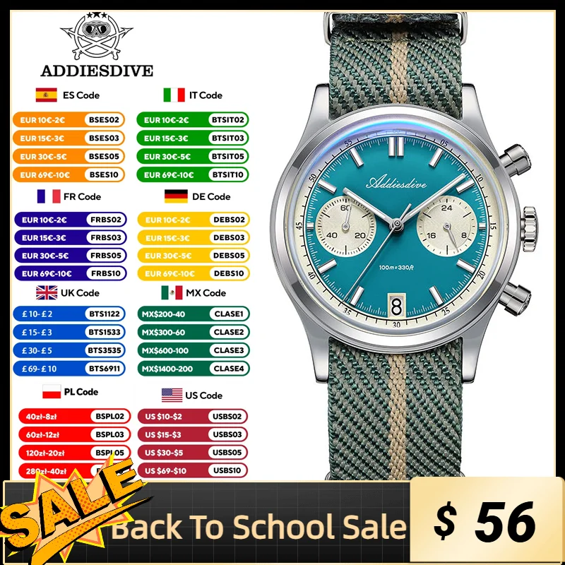 

ADDIESDIVE AD2095 Watch of Men 60min Chronograph Quartz Wristwatch Bubble Mirror Glass Luminous Waterproof Men's Watches 38mm