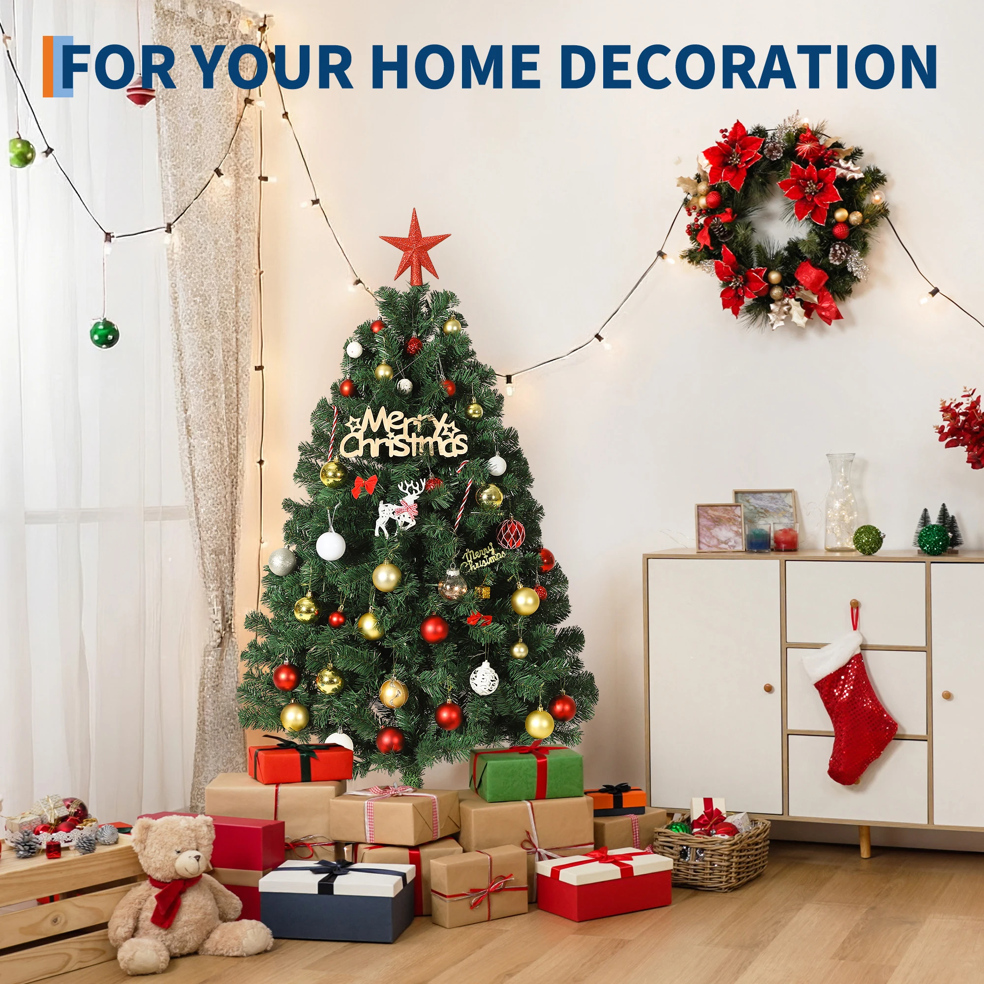 Albero di Natale artificiale realistico 229 cm (7,5 ft) – 1450 punte verdi, supporto in metallo, per interni ed esterni, senza illuminazione