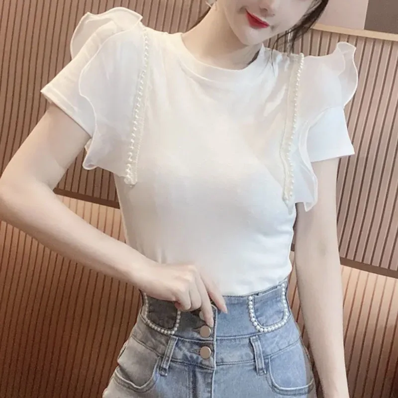 

Woman Tshirts 2023 Summer Clothing Shirts Women Short Sleeve O-neck Tees Tops Korean Casual Sweet Ruffles Peals Beading T-shirt