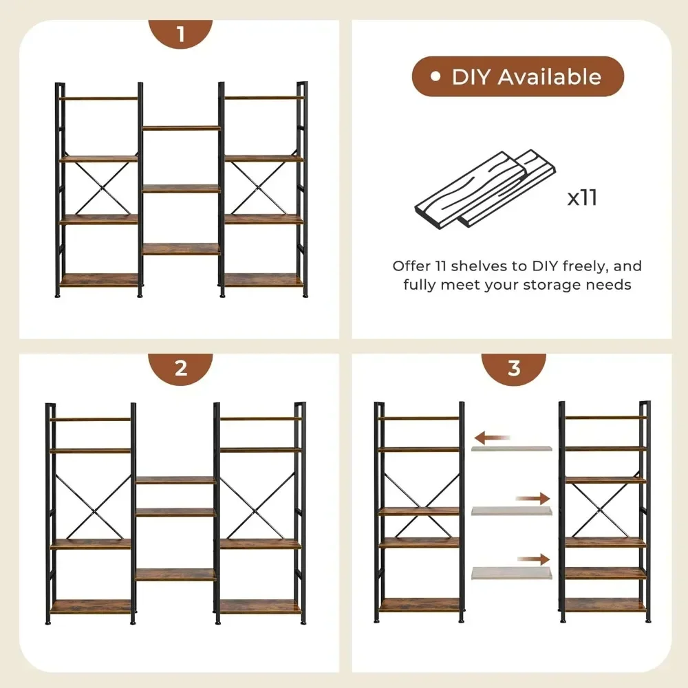 Bookcase With 11 Open Display Shelves Shelf Storage Triple 4 Tier Bookshelf Bookshelf for Books Bookcase & Magazine Racks Living